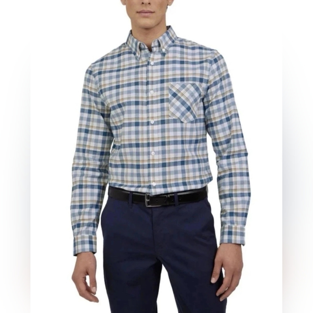 Ben Sherman NWT Men's Oxford Long Sleeve Button Up‎ Shirt Dark Blue Checkered XL
